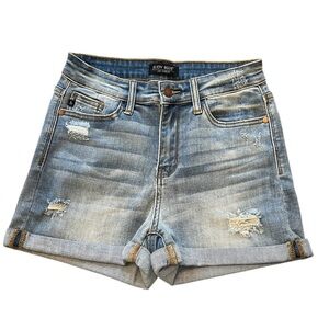 Judy Blue Blue Distressed Jean Shorts with Rolled Hem - Small